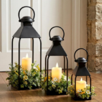 Decorative Metal Lanterns, suitable for indoor and outdoor use, 3-pack farmhouse style lantern holder (candles not included), suitable for porches, patios, fireplaces, floors, weddings and holiday table settings (black, 20 inches x 15.7 inches x 12 inches)