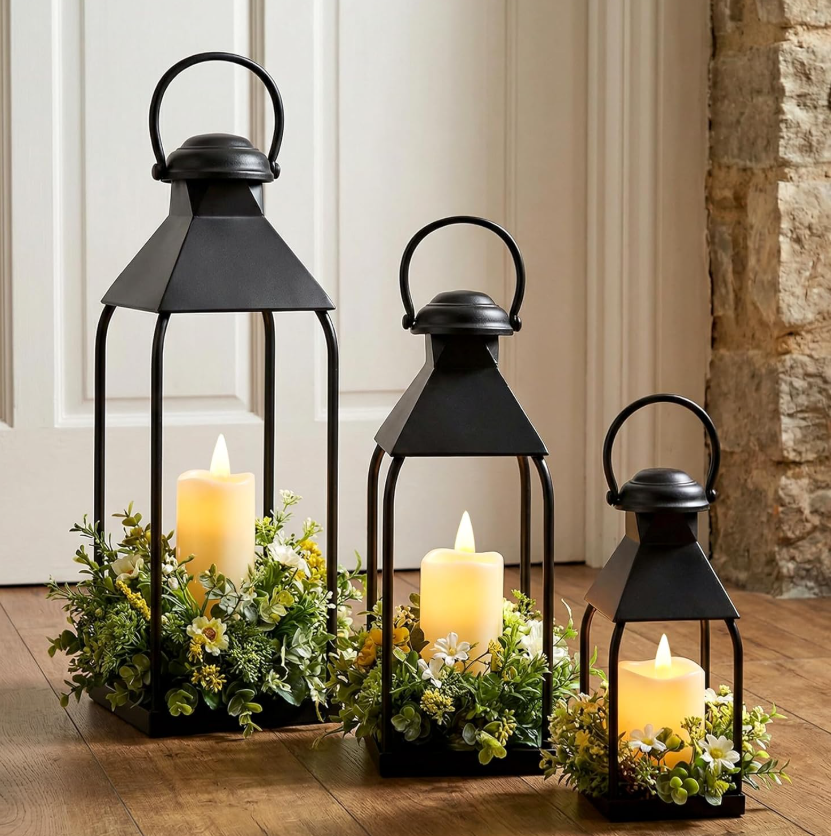 1.1 Decorative Metal Lanterns, suitable for indoor and outdoor use, 3-pack farmhouse style lantern holder (candles not included), suitable for porches, patios, fireplaces, floors, weddings and holiday table settings (black, 20 inches x 15.7 inches x 12 inches) - Image 1