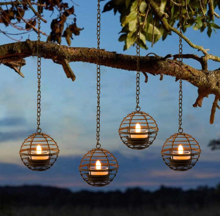 10.1 Outdoor waterproof solar hanging lantern, rusty iron ball candlestick, with sparkling solar tea candle, perfectly rechargeable solar light, suitable for backyard, patio, garden, fence, tree decoration - 4 pieces - Image 1