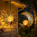 Solar hanging sun and moon lamp, garden outdoor decoration, 2-pack metal lanterns, sunflower art decoration, suitable for porches, backyards, patios, walls, trees, unique gardening gift for women, mothers, grandmothers