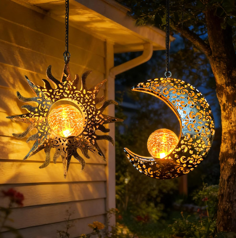 11.1 Solar hanging sun and moon lamp, garden outdoor decoration, 2-pack metal lanterns, sunflower art decoration, suitable for porches, backyards, patios, walls, trees, unique gardening gift for women, mothers, grandmothers - Image 1