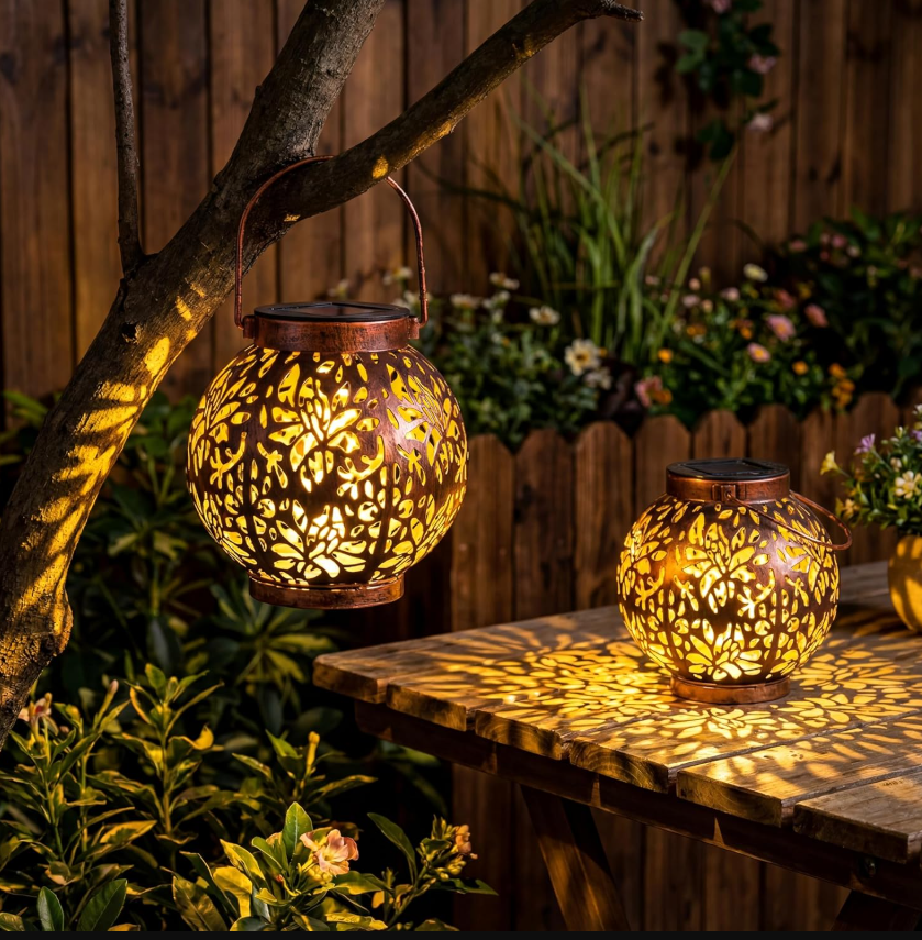 12.1 2-pack outdoor solar hanging lanterns, waterproof tabletop with handle, LED Moroccan lanterns, metal decorative garden solar lights, spring style, suitable for patios, lawns, porches, backyards - Image 1