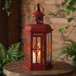Decorative candle lantern, 10-inch high, vintage hanging lantern, metal candlestick, suitable for indoor and outdoor events, parties and weddings (red with black brushed texture)