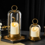 5-inch and 4-inch 1.5-inch metal candlesticks with brass handmade glass shades, featuring 2 timer candles; 2-piece multi-functional windproof glass candlestick set suitable for column candles and plants.