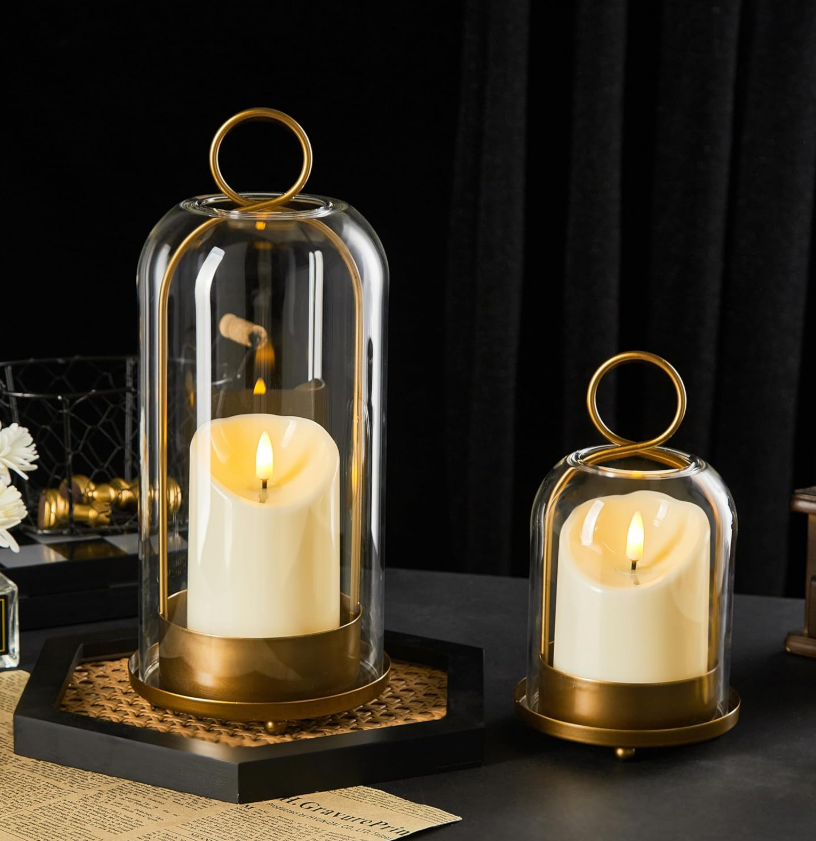 15.1 5-inch and 4-inch 1.5-inch metal candlesticks with brass handmade glass shades, featuring 2 timer candles; 2-piece multi-functional windproof glass candlestick set suitable for column candles and plants. - Image 1