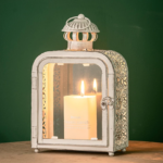 Indoor and outdoor decorative candle lanterns, vintage metal lanterns, clear glass, tabletop/hanging candlesticks, suitable for patios, front porches, home decorations, Halloween and Christmas decorations (white)