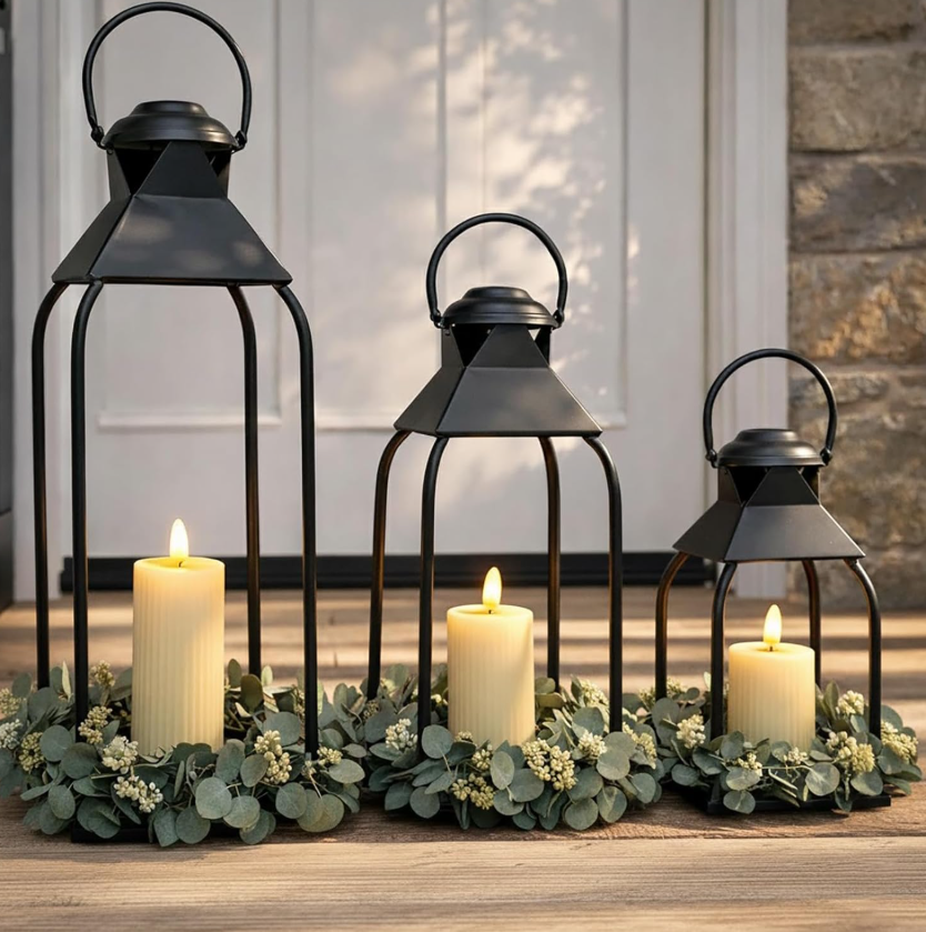 2.1 Decorative Metal Lanterns, suitable for indoor and outdoor use, candlestick, suitable for porches, patios, fireplaces, floors, weddings, Christmas, fall, holidays, farmhouse style table settings (black, 3-pack, 20 inches x 15.7 inches x 12 inches) - Image 1