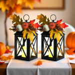 Autumn decorative candle lantern, 14.7-inch flickering flameless lantern, decorative hanging candle lantern, metal vintage style, suitable for Thanksgiving outdoor patio garden, dining table, and party decoration, 2-pack