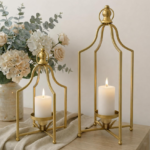 12.5 inches and 16.5-inch Timeless Warm Decorative Lantern Set (2 pieces), Handcrafted Metal Iron Candlesticks, Elegant Farmhouse Fireplace Tabletop Holiday Party Decoration (Antique Gold)