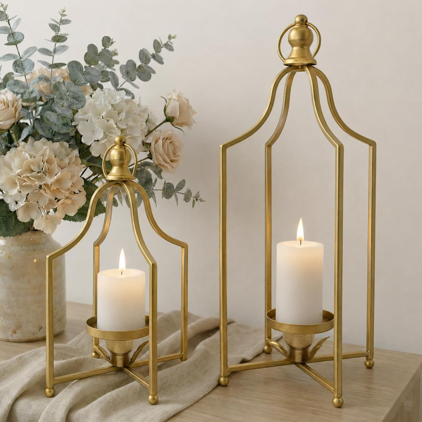 3.1 12.5 inches and 16.5-inch Timeless Warm Decorative Lantern Set (2 pieces), Handcrafted Metal Iron Candlesticks, Elegant Farmhouse Fireplace Tabletop Holiday Party Decoration (Antique Gold) - Image 1