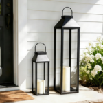 Large outdoor waterproof solar lantern, tall farmhouse black metal decorative lantern, outdoor solar light, suitable for front porch decoration, outdoor patio, garden, balcony, porch, 27.6 inches x 16.3 inches - 2-piece set