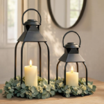 Indoor and outdoor decorative metal lanterns, candlestick, suitable for porch, patio, fireplace, floor, wedding, Christmas, fall, holiday, farmhouse table center decoration (black, 2-piece set, 15.7 inches x 12 inches)