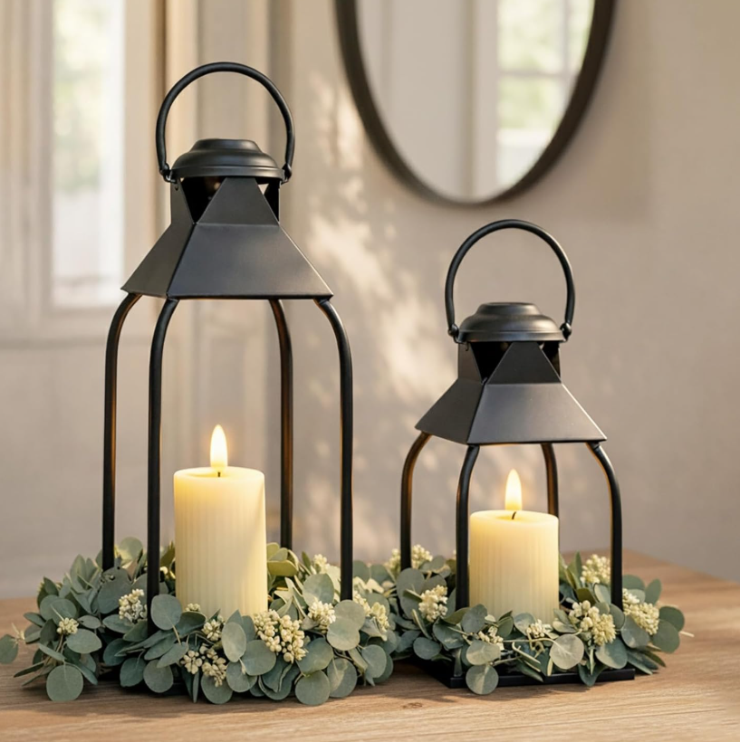6.1 Indoor and outdoor decorative metal lanterns, candlestick, suitable for porch, patio, fireplace, floor, wedding, Christmas, fall, holiday, farmhouse table center decoration (black, 2-piece set, 15.7 inches x 12 inches) - Image 1