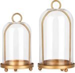 Vintage brass metal candle lantern with thick glass cover - 2 pieces, distressed chic style candlestick (5.25 inches x 10 inches) 4.5 inches x 7.87 inches – can be hung or placed on a table for displaying column candles and plants