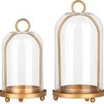 Vintage brass metal candle lantern with thick glass cover - 2 pieces, distressed chic style candlestick (5.25 inches x 10 inches) 4.5 inches x 7.87 inches – can be hung or placed on a table for displaying column candles and plants