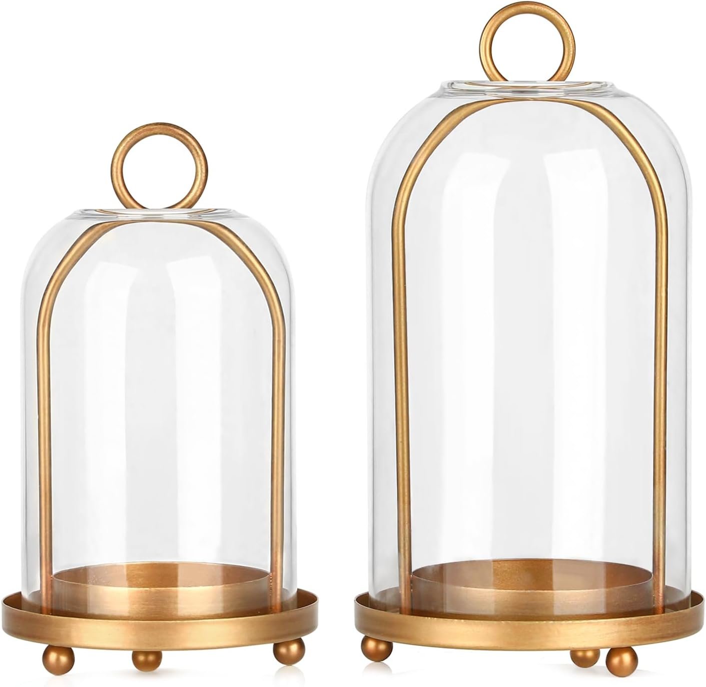 610iPHhGloL._AC_SL1500_.jpg Vintage brass metal candle lantern with thick glass cover - 2 pieces, distressed chic style candlestick (5.25 inches x 10 inches) 4.5 inches x 7.87 inches – can be hung or placed on a table for displaying column candles and plants - Image 1