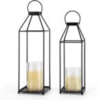 Outdoor Decorative Lanterns, 2-Piece Set, Living Room Decorative Lanterns, Black Metal Lanterns, Front Porch Decorative Lanterns, Indoor Decorative Lanterns, Lanterns with LED Candles, No Glass, Suitable for Indoor and Outdoor (Sizes, 2 pieces)