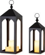 Large outdoor porch lanterns: 24 inches and 17 inches, 2-piece floor lantern set, indoor decorative candlestick, suitable for fireplace, front porch, patio, modern home décor