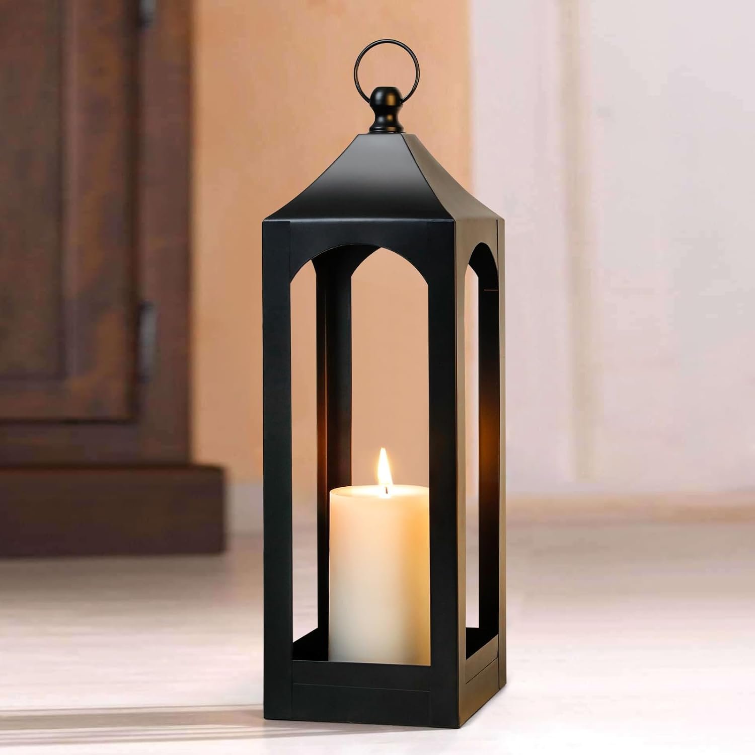 61uz1fEiuBL._AC_SL1500_.jpg Modern farmhouse style lantern decoration, black metal decorative hanging candle lantern, ideal for home décor, parties and events, 21.2 inches high Inch (without glass panel) - Image 1