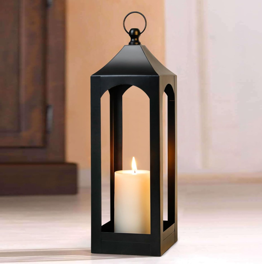 7.1 Modern farmhouse style lantern decoration, black metal decorative hanging candle lantern, ideal for home décor, parties and events, 21.2 inches high Inch (without glass panel) - Image 1