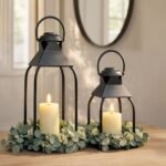 Indoor and outdoor decorative metal lanterns, candlestick, suitable for porch, patio, fireplace, floor, wedding, Christmas, fall, holiday, farmhouse table center decoration (black, 2-piece set, 15.7 inches x 12 inches)