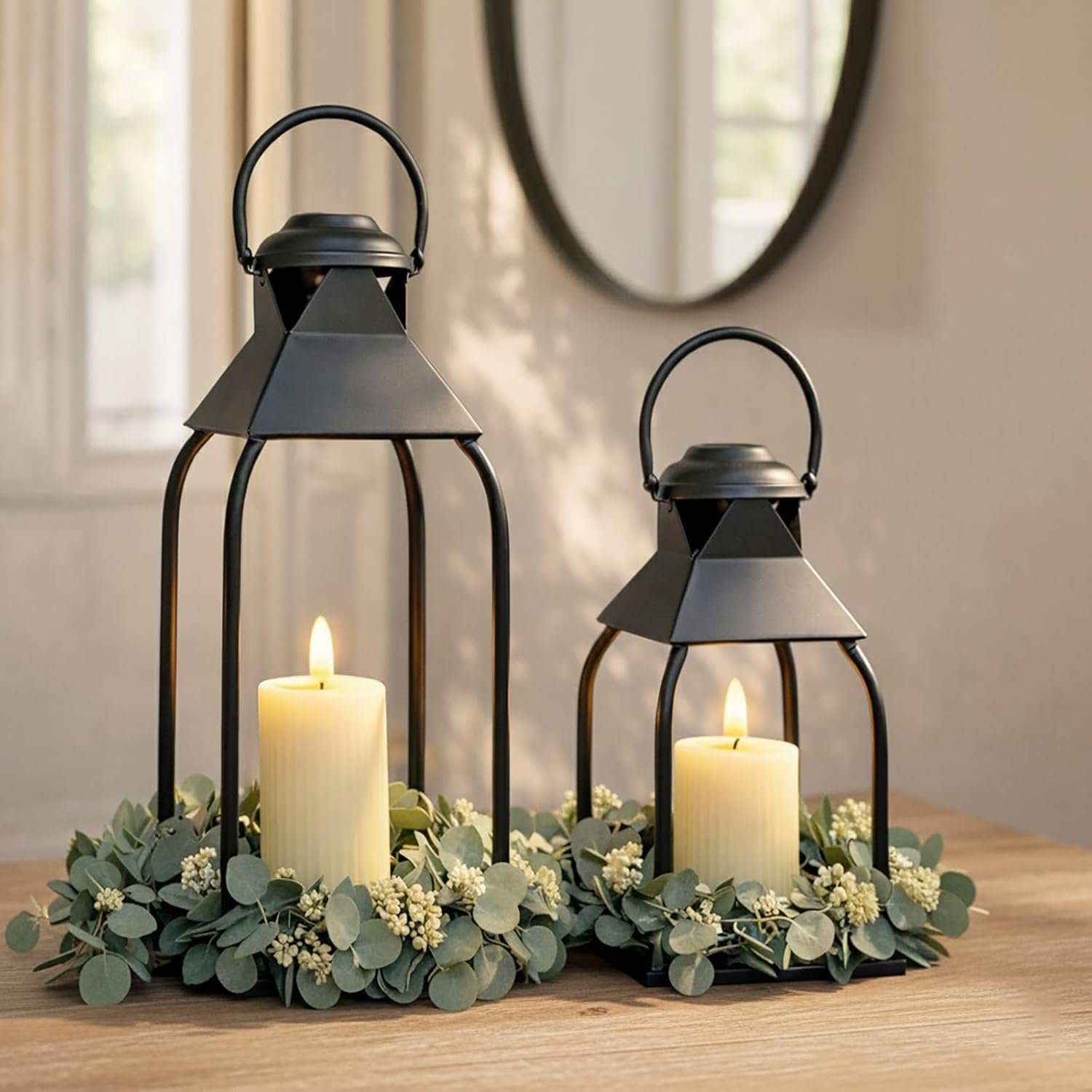 715-M5X1mLL._AC_SL1500_.jpg Indoor and outdoor decorative metal lanterns, candlestick, suitable for porch, patio, fireplace, floor, wedding, Christmas, fall, holiday, farmhouse table center decoration (black, 2-piece set, 15.7 inches x 12 inches) - Image 1