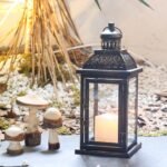 Indoor and Outdoor Decorative Lanterns, 14.4-inch Large Black Square Pendant Light, Vintage Metal Candlesticks, Suitable for Outdoor Patios, Front Doors, Porches, Wedding Party Decorations