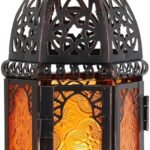 Moroccan Style Decorative Lamp, suitable for indoor and outdoor use, 11-inch medium vintage metal hanging/tabletop candlestick, Halloween, Christmas, Ramadan home décor, suitable for porches and patios (amber)