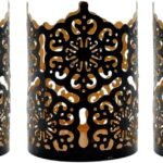 Three-piece black 4-inch tall metal candlestick set - Checkered openwork lanterns, suitable for table settings, weddings, home décor, and indoor/outdoor decorations.