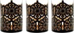Three-piece black 4-inch tall metal candlestick set - Checkered openwork lanterns, suitable for table settings, weddings, home décor, and indoor/outdoor decorations.