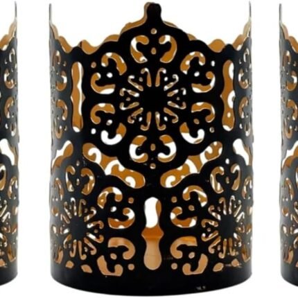 Three-piece black 4-inch tall metal candlestick set - Checkered openwork lanterns, suitable for table settings, weddings, home décor, and indoor/outdoor decorations.