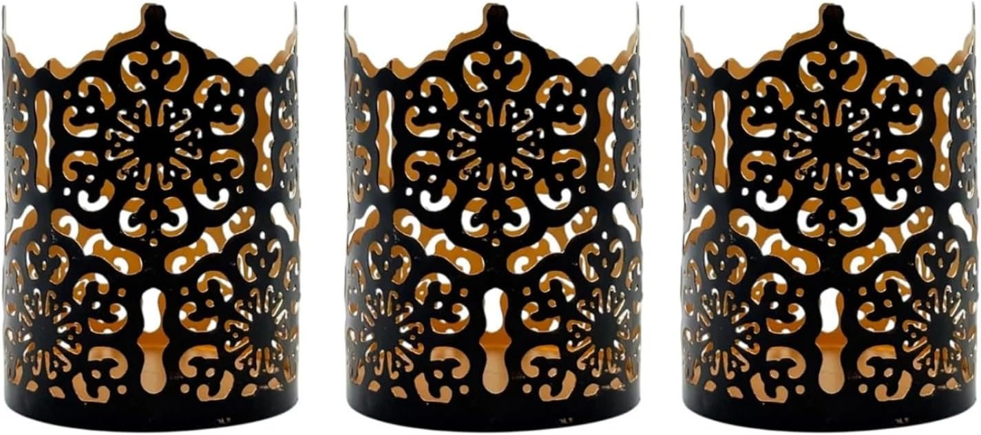 71WPKr4yX9L._AC_SL1500_.jpg Three-piece black 4-inch tall metal candlestick set - Checkered openwork lanterns, suitable for table settings, weddings, home décor, and indoor/outdoor decorations. - Image 1