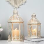 Indoor/outdoor decorative lanterns, two-piece set (15-inch and 11-inch), beige metal and glass lanterns, suitable for porches, patios, gardens, fall décor, weddings, Christmas, and table settings.