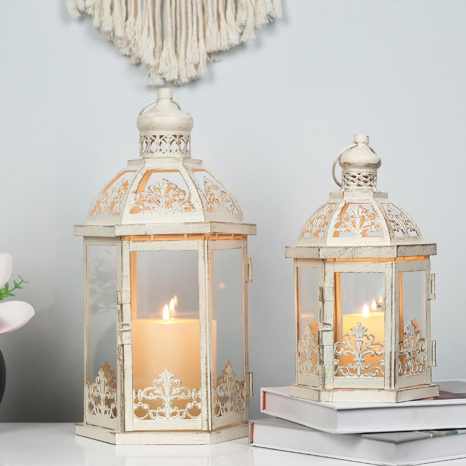 71YJwdBn0eL._AC_SL1500_.jpg Indoor/outdoor decorative lanterns, two-piece set (15-inch and 11-inch), beige metal and glass lanterns, suitable for porches, patios, gardens, fall décor, weddings, Christmas, and table settings. - Image 1