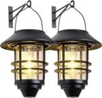Solar outdoor lantern, hanging waterproof lantern with wall mount kit, suitable for gardens, porches, fences, 2-pack.
