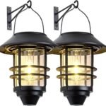 Solar outdoor lantern, hanging waterproof lantern with wall mount kit, suitable for gardens, porches, fences, 2-pack.