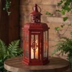 Decorative candle lantern, 10-inch high, vintage hanging lantern, metal candlestick, suitable for indoor and outdoor events, parties and weddings (red with black brushed texture)