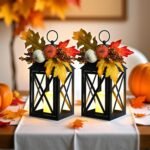 Autumn decorative candle lantern, 14.7-inch flickering flameless lantern, decorative hanging candle lantern, metal vintage style, suitable for Thanksgiving outdoor patio garden, dining table, and party decoration, 2-pack