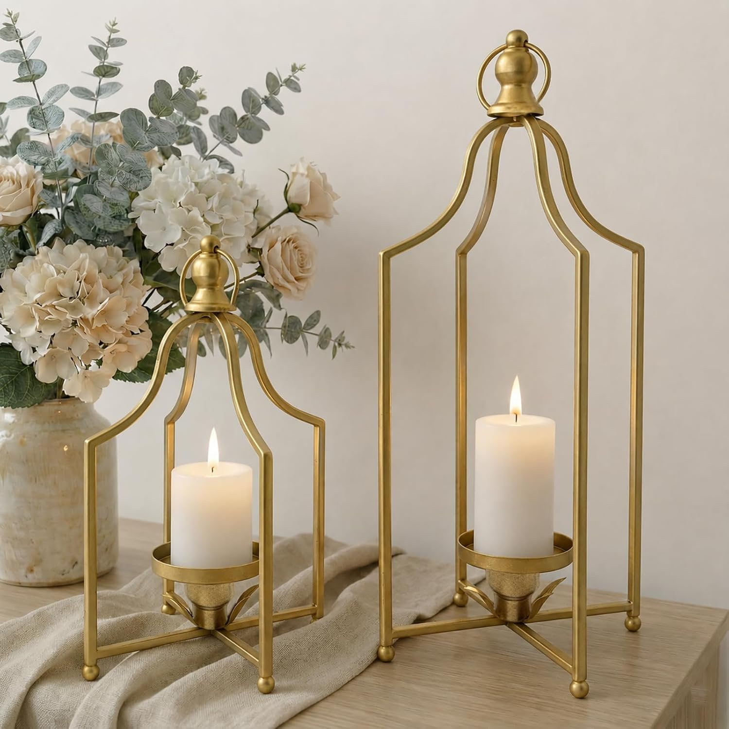 71kFZQnGVyL._AC_SL1500_.jpg 12.5 inches and 16.5-inch Timeless Warm Decorative Lantern Set (2 pieces), Handcrafted Metal Iron Candlesticks, Elegant Farmhouse Fireplace Tabletop Holiday Party Decoration (Antique Gold) - Image 1