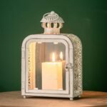 Indoor and outdoor decorative candle lanterns, vintage metal lanterns, clear glass, tabletop/hanging candlesticks, suitable for patios, front porches, home decorations, Halloween and Christmas decorations (white)