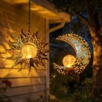Solar hanging sun and moon lamp, garden outdoor decoration, 2-pack metal lanterns, sunflower art decoration, suitable for porches, backyards, patios, walls, trees, unique gardening gift for women, mothers, grandmothers