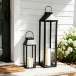 Large outdoor waterproof solar lantern, tall farmhouse black metal decorative lantern, outdoor solar light, suitable for front porch decoration, outdoor patio, garden, balcony, porch, 27.6 inches x 16.3 inches - 2-piece set