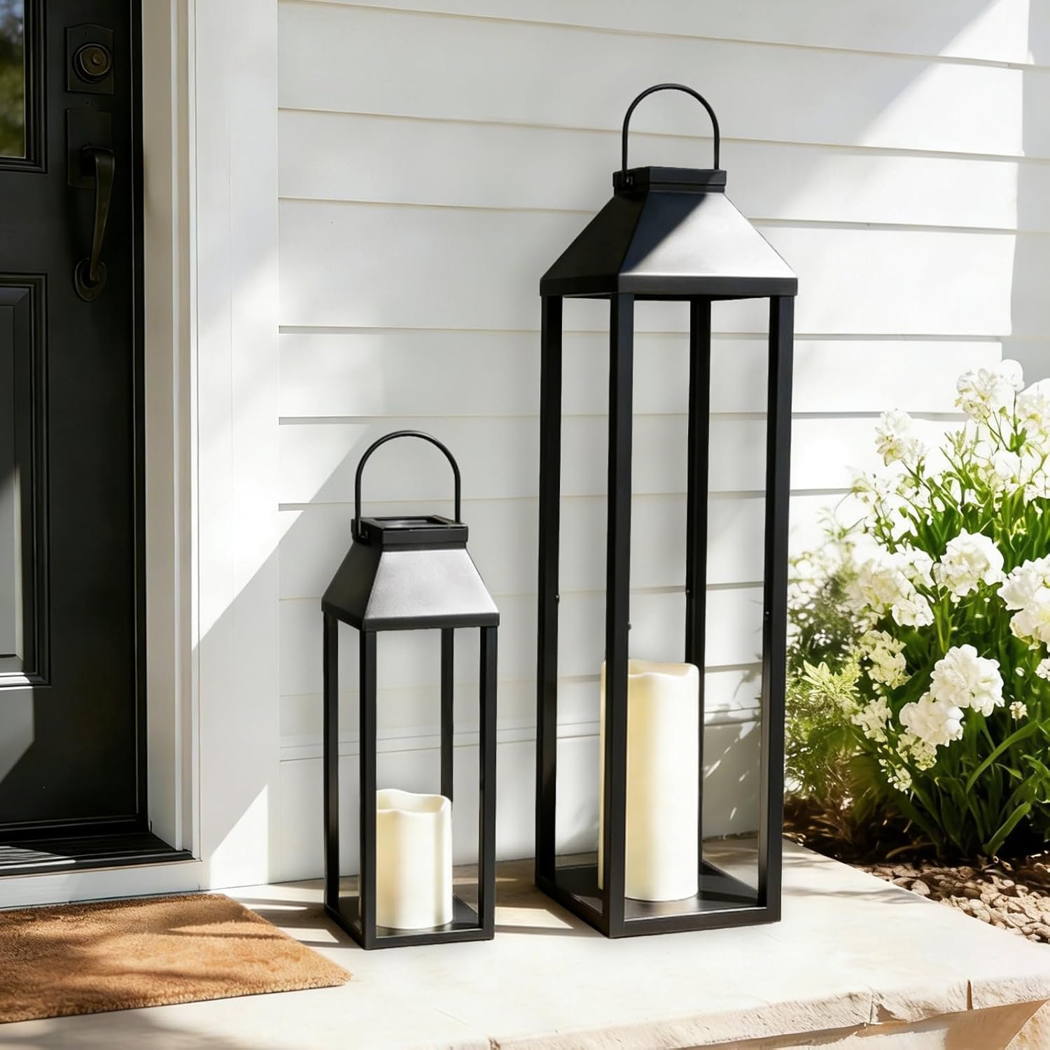 71ztinAIUL._AC_SL1500_.jpg Large outdoor waterproof solar lantern, tall farmhouse black metal decorative lantern, outdoor solar light, suitable for front porch decoration, outdoor patio, garden, balcony, porch, 27.6 inches x 16.3 inches - 2-piece set - Image 1