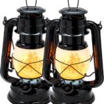 Vintage flame lantern, metal outdoor hanging lantern with jumping flame, battery-powered, Halloween outdoor and indoor decoration (black, 2-pack).