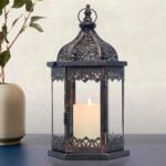 Indoor decorative lanterns, 14.8-inch vintage outdoor lanterns, clear glass, metal candlesticks, suitable for front porches, patios, weddings, parties, family kitchen coffee tables, living room decorations