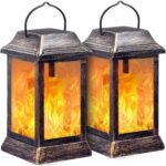 Solar light, metal flashing flame solar lantern, outdoor hanging lantern, heavy-duty solar waterproof LED flame light, suitable for patio, garden, Christmas decoration, 2-pack (bronze)