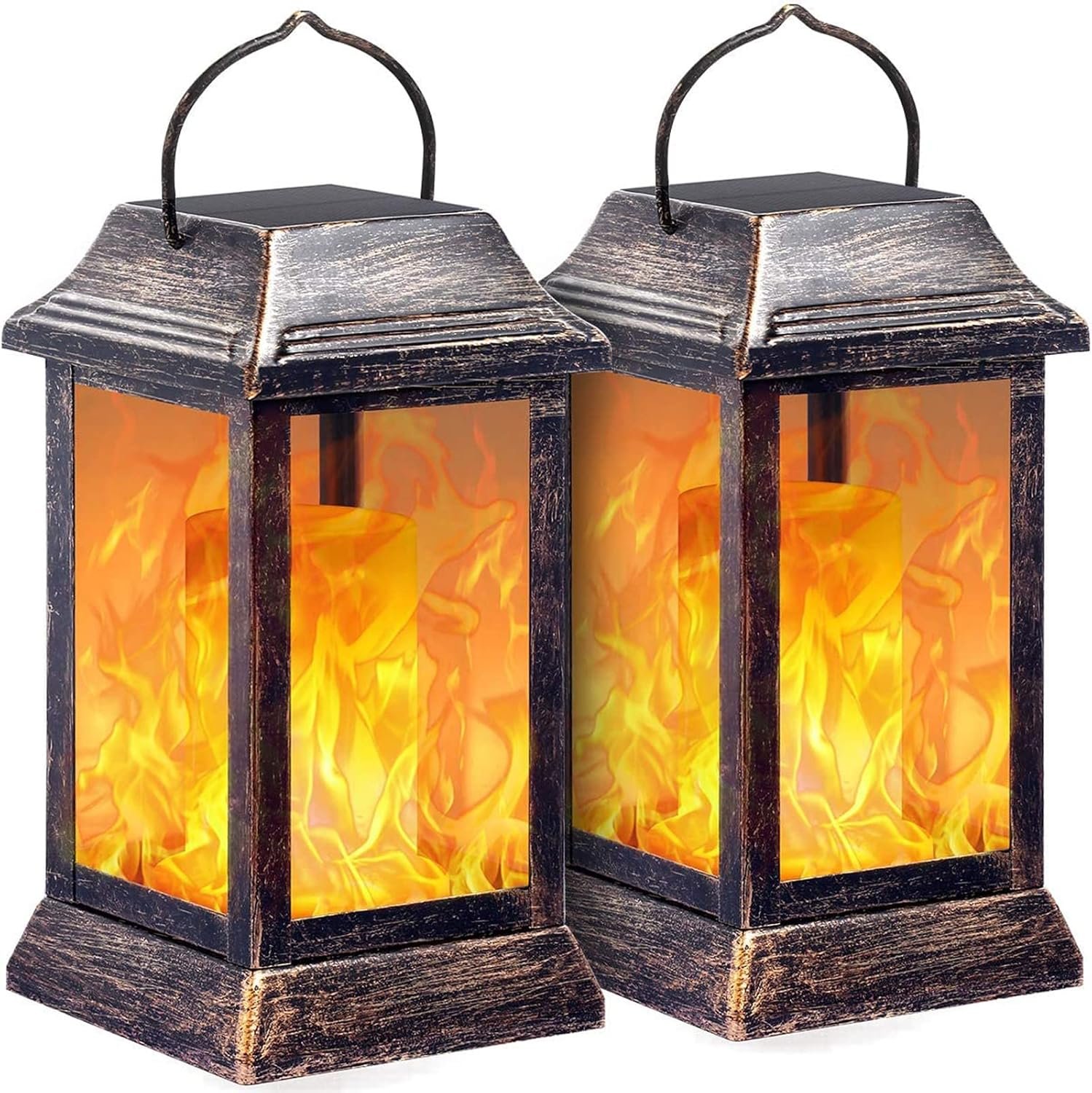 81HixBQ0xxL._AC_SL1500_.jpg Solar light, metal flashing flame solar lantern, outdoor hanging lantern, heavy-duty solar waterproof LED flame light, suitable for patio, garden, Christmas decoration, 2-pack (bronze) - Image 1