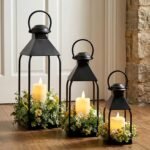 Decorative Metal Lanterns, suitable for indoor and outdoor use, 3-pack farmhouse style lantern holder (candles not included), suitable for porches, patios, fireplaces, floors, weddings and holiday table settings (black, 20 inches x 15.7 inches x 12 inches)