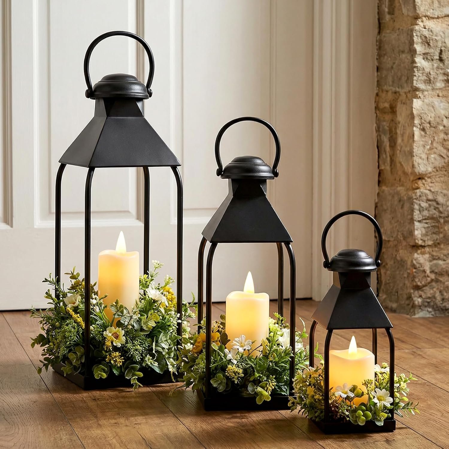 81J5RIMCTML._AC_SL1500_.jpg Decorative Metal Lanterns, suitable for indoor and outdoor use, 3-pack farmhouse style lantern holder (candles not included), suitable for porches, patios, fireplaces, floors, weddings and holiday table settings (black, 20 inches x 15.7 inches x 12 inches) - Image 1