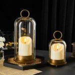 5-inch and 4-inch 1.5-inch metal candlesticks with brass handmade glass shades, featuring 2 timer candles; 2-piece multi-functional windproof glass candlestick set suitable for column candles and plants.